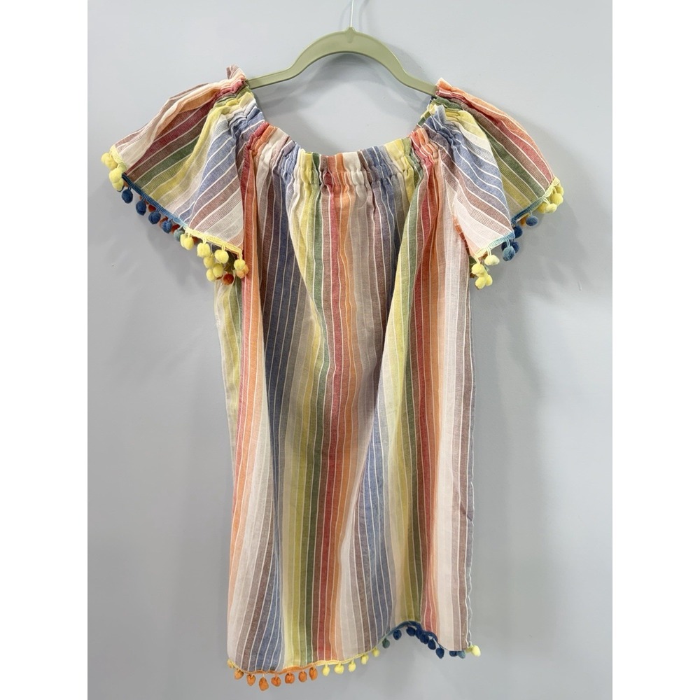 America And Beyond Rainbow Stripe Off Shoulder Pom Pom Boho Peasant Top SM - Picture 3 of 8